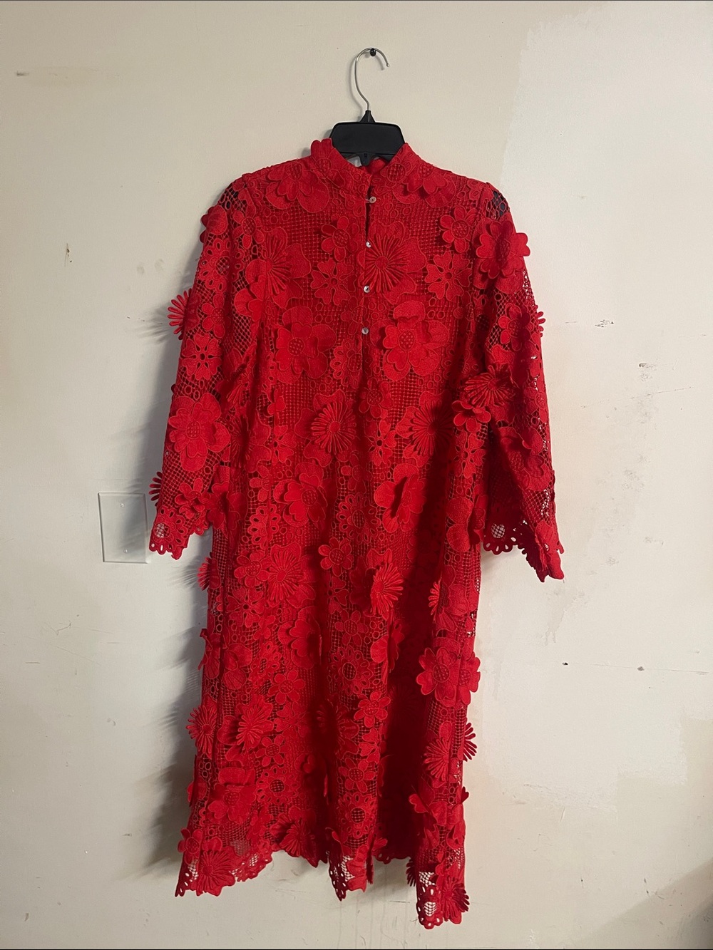 Red 3D Floral Midi Dress with Lace Overlay - Picture 7 of 9